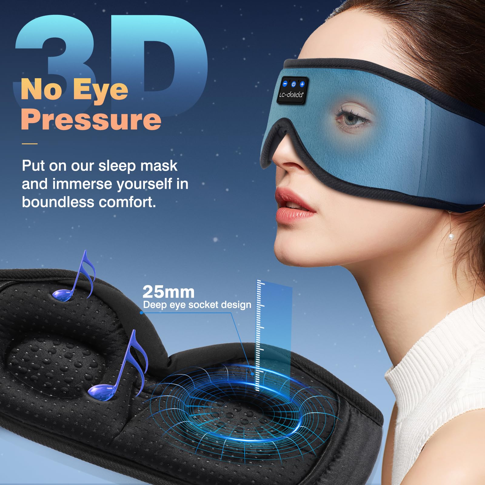 LC-dolida Bluetooth Sleep Mask Headphones Complete Blackout 3D Deep Eye Mask with Headphones Bluetooth V5.4 Can Play 15Hrs Breathable Eye mask with Earphones for Travel,Nap Sleeping,Shift Work