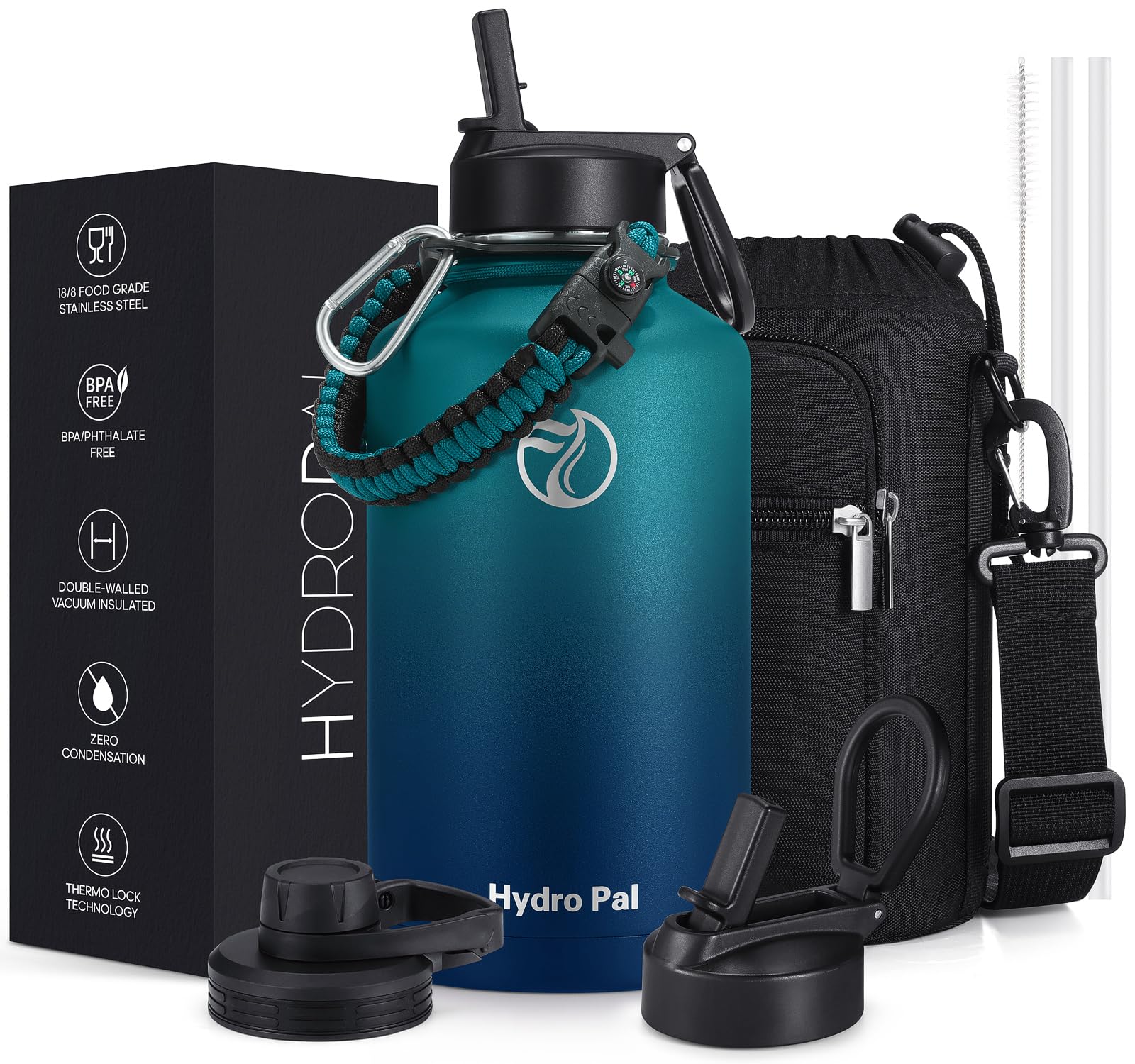 HydroPal Vacuum Insulated Water Bottle 1200ml/1000ml/750ml/500ml, 2 Lids (Straw & Spout), 12H Hot 24H Cold, BPA Free Stainless Steel Bottle, Leakproof Sports Water Bottle for Gym, Travel, Work