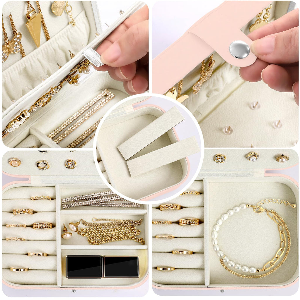 CNMTCCO Jewellery Box Small Travel Jewelry Organiser Storage Case for Necklace Rings Bracelets Earrings Premium Faux PU Leather Jewellery Gift Box Girls Women (Pink)
