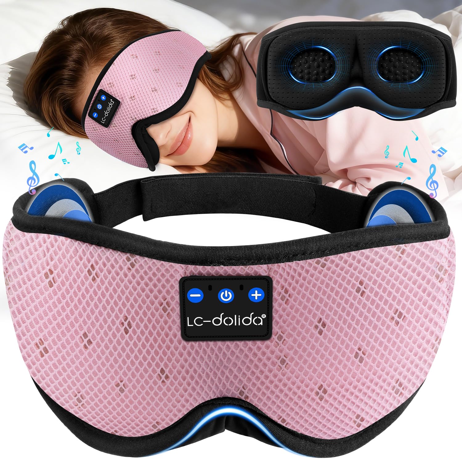 LC-dolida Bluetooth Sleep Mask Headphones Complete Blackout 3D Deep Eye Mask with Headphones Bluetooth V5.4 Can Play 15Hrs Breathable Eye mask with Earphones for Travel,Nap Sleeping,Shift Work