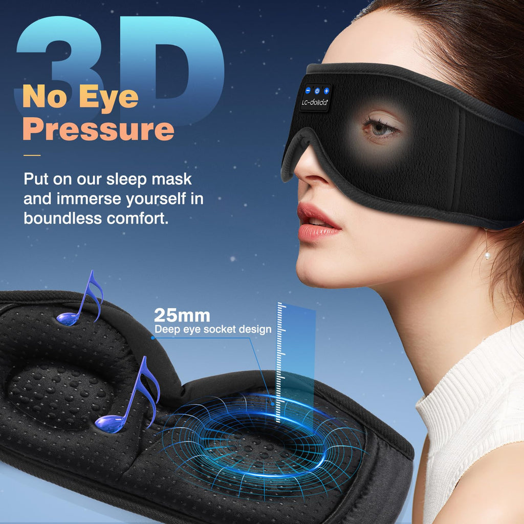 LC-dolida Bluetooth Sleep Mask Headphones Complete Blackout 3D Deep Eye Mask with Headphones Bluetooth V5.4 Can Play 15Hrs Breathable Eye mask with Earphones for Travel,Nap Sleeping,Shift Work