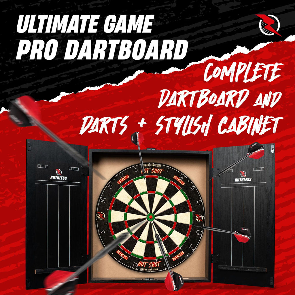 Ruthless Home Darts Centre With or Without LED Light Options | Home Dart Board Centre Including Cabinet, Dartboard and 2 Sets of Darts (USB)