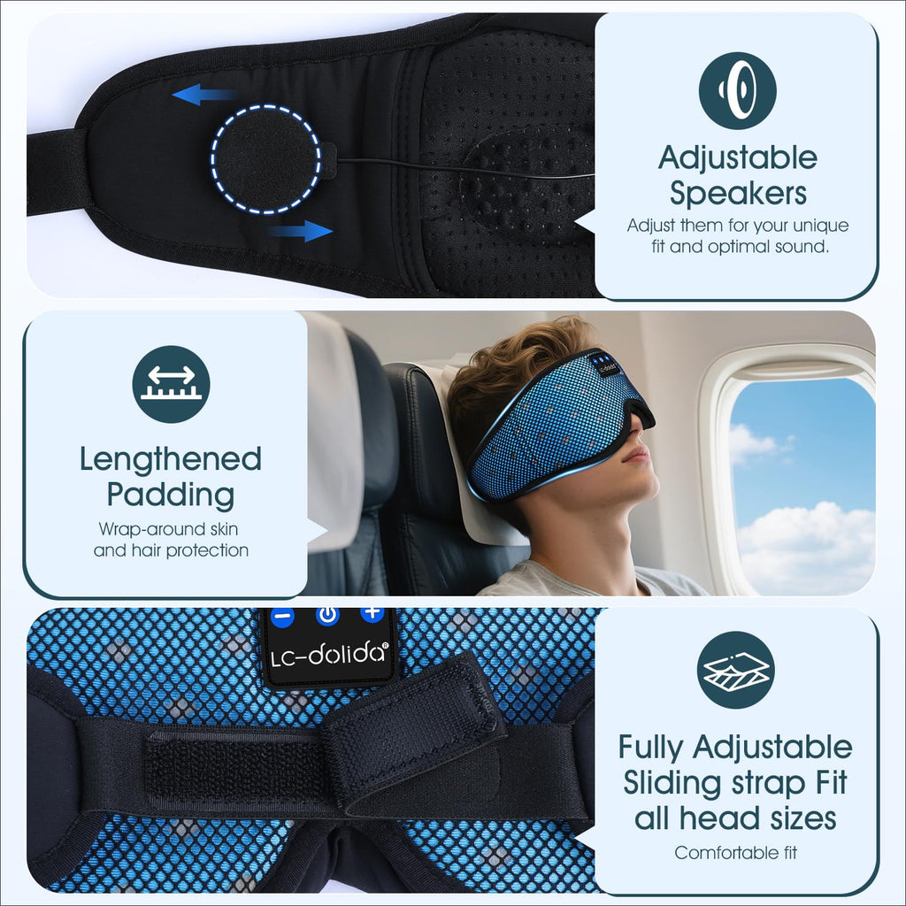 LC-dolida Bluetooth Sleep Mask Headphones Complete Blackout 3D Deep Eye Mask with Headphones Bluetooth V5.4 Can Play 15Hrs Breathable Eye mask with Earphones for Travel,Nap Sleeping,Shift Work