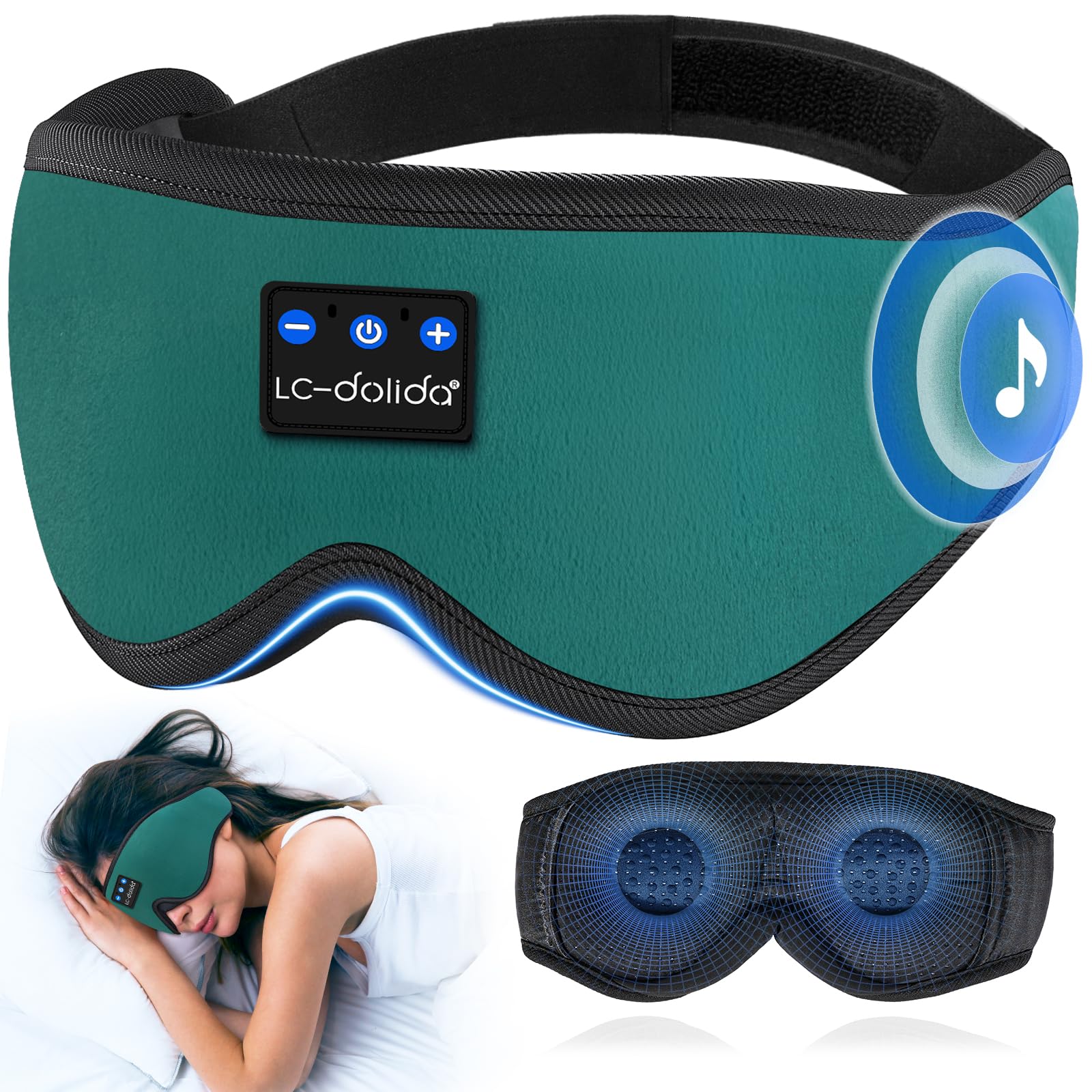 LC-dolida Bluetooth Sleep Mask Headphones Complete Blackout 3D Deep Eye Mask with Headphones Bluetooth V5.4 Can Play 15Hrs Breathable Eye mask with Earphones for Travel,Nap Sleeping,Shift Work