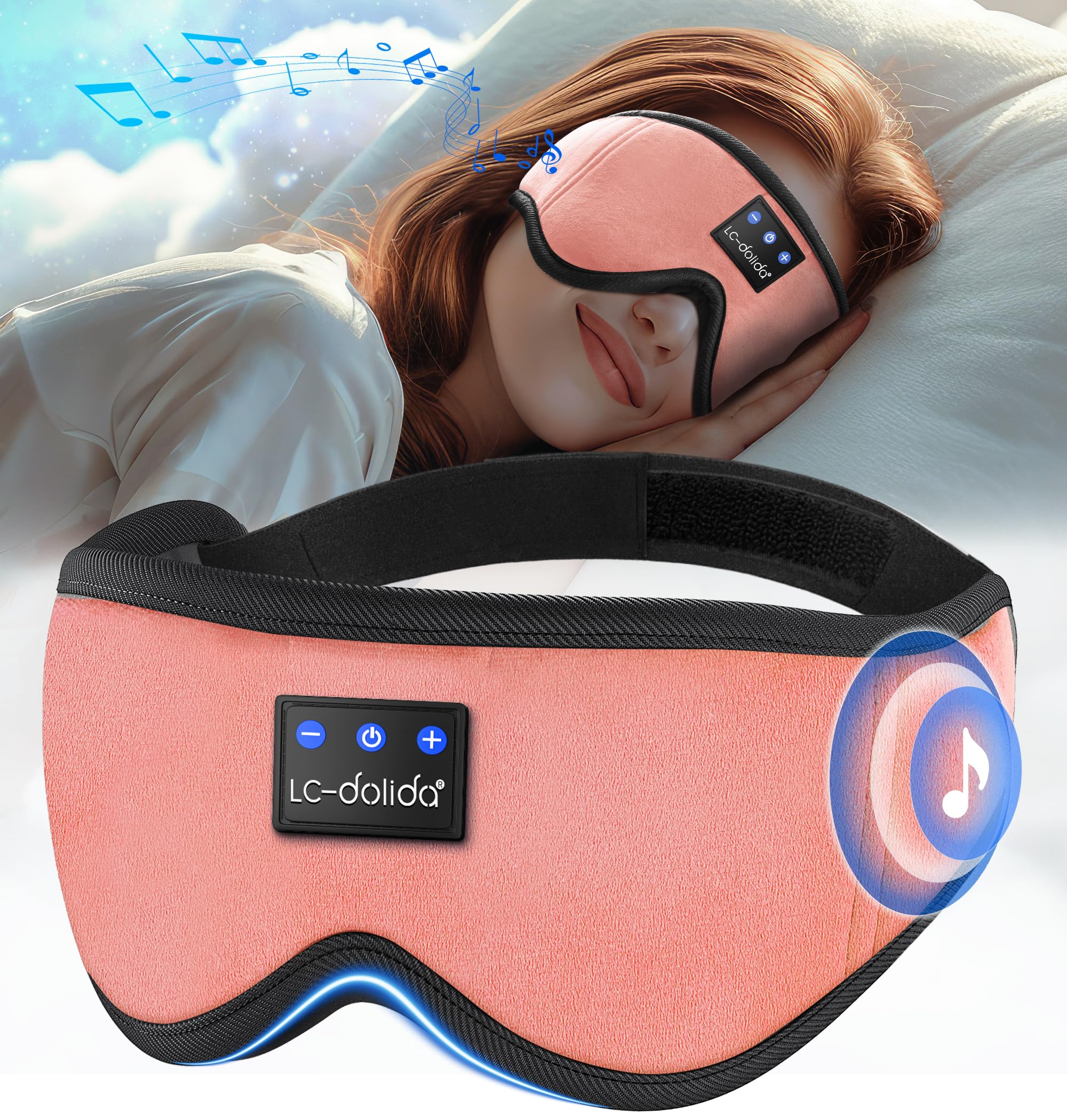 LC-dolida Bluetooth Sleep Mask Headphones Complete Blackout 3D Deep Eye Mask with Headphones Bluetooth V5.4 Can Play 15Hrs Breathable Eye mask with Earphones for Travel,Nap Sleeping,Shift Work