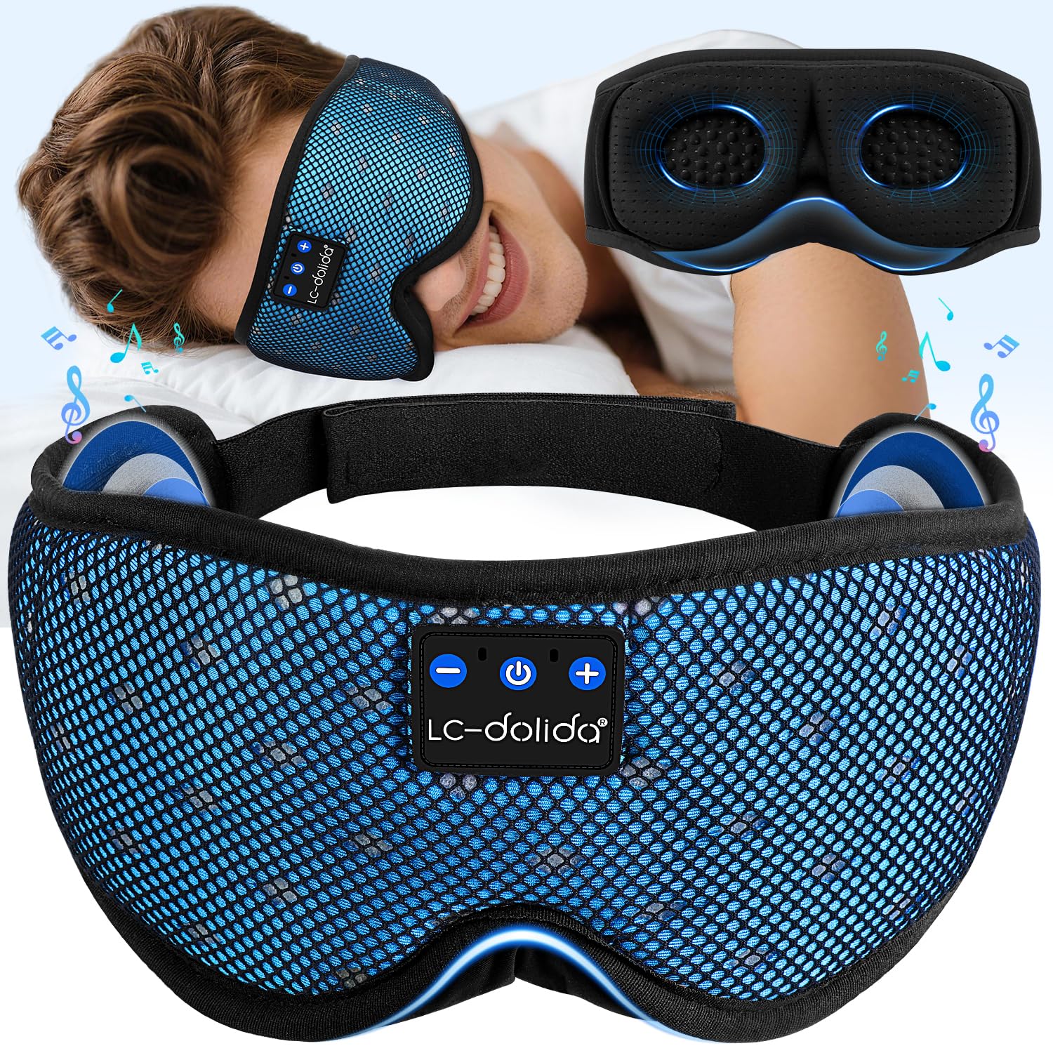 LC-dolida Bluetooth Sleep Mask Headphones Complete Blackout 3D Deep Eye Mask with Headphones Bluetooth V5.4 Can Play 15Hrs Breathable Eye mask with Earphones for Travel,Nap Sleeping,Shift Work